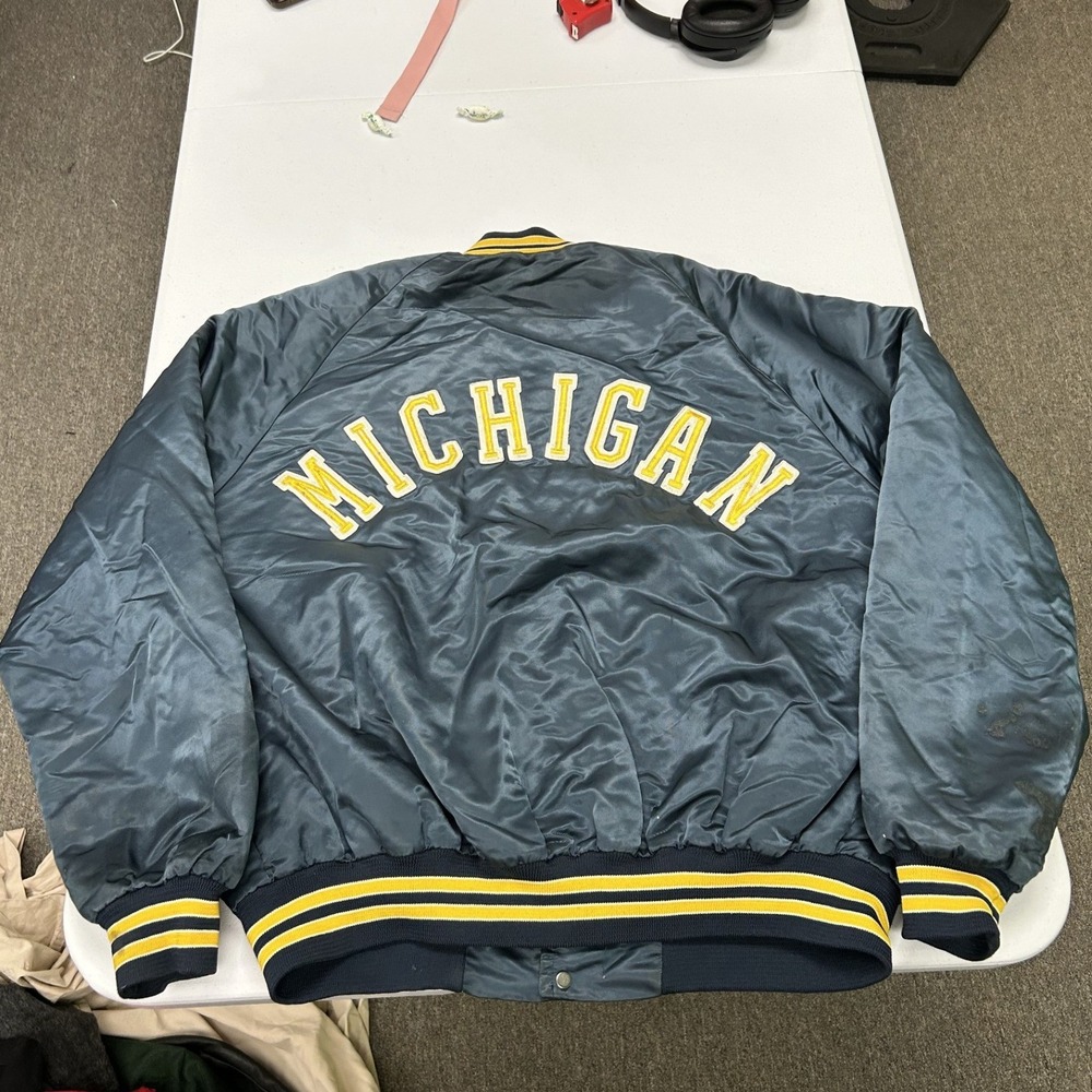 Vintage Michigan Wolverines Bomber Jacket Mens XL Navy Blue Satin Varsity Snap